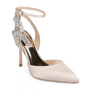 Badgley Mischka Women's Blanca Ankle Strap Embellished Pumps Nude Satin Sz 8